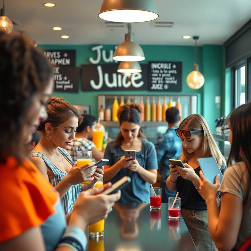 A bustling juice bar, customers eagerly texting inquiries and booking appointments