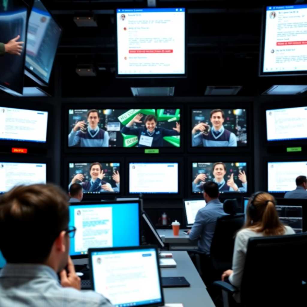 A busy social media consult firm’s control room with screens showing live chat dialogues