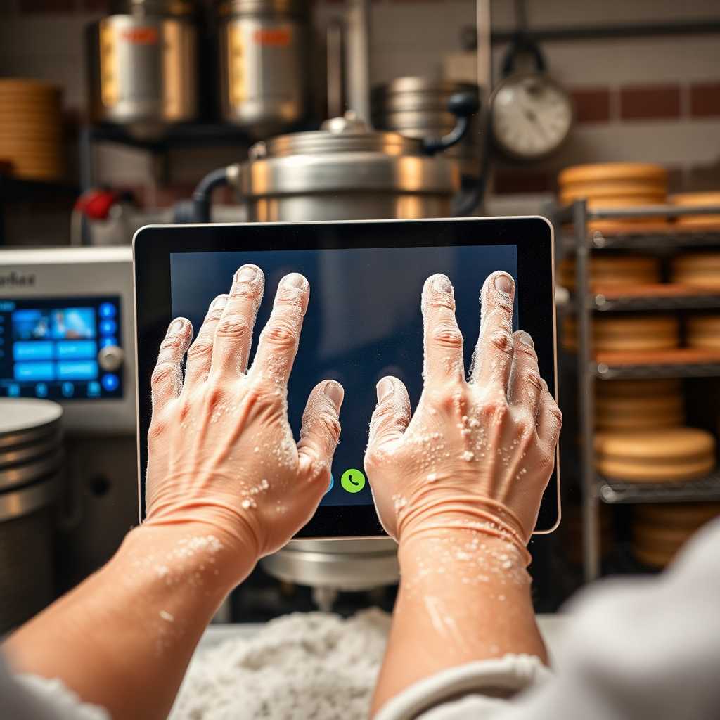 Flour-dusted hands adjusting a touchscreen with bakery equipment behind
