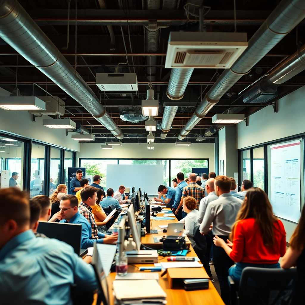 A bustling event planning office, overwhelmed with requests.