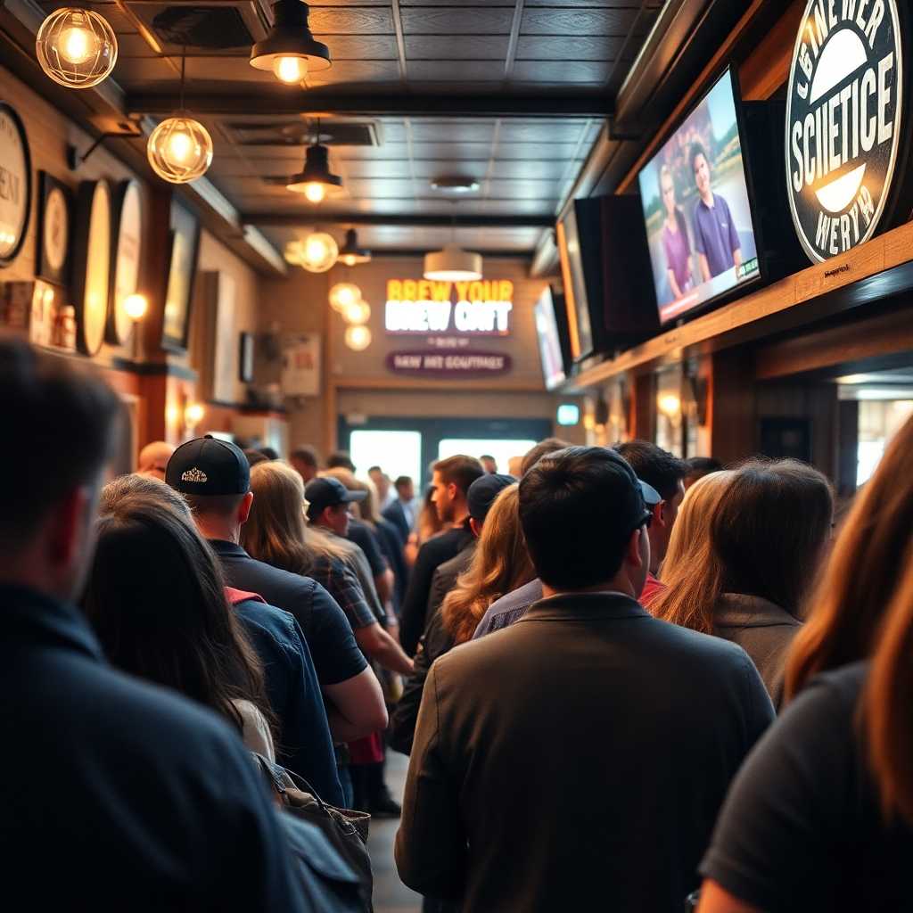 A buzzing brewpub during peak hours with customers lining up