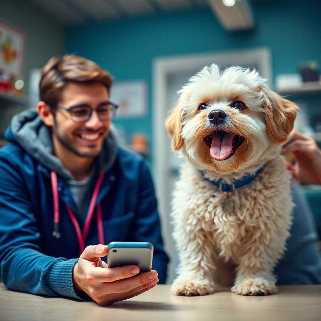Happy pet owner receiving grooming message confirmation. Embrace technology to enhance client relations.