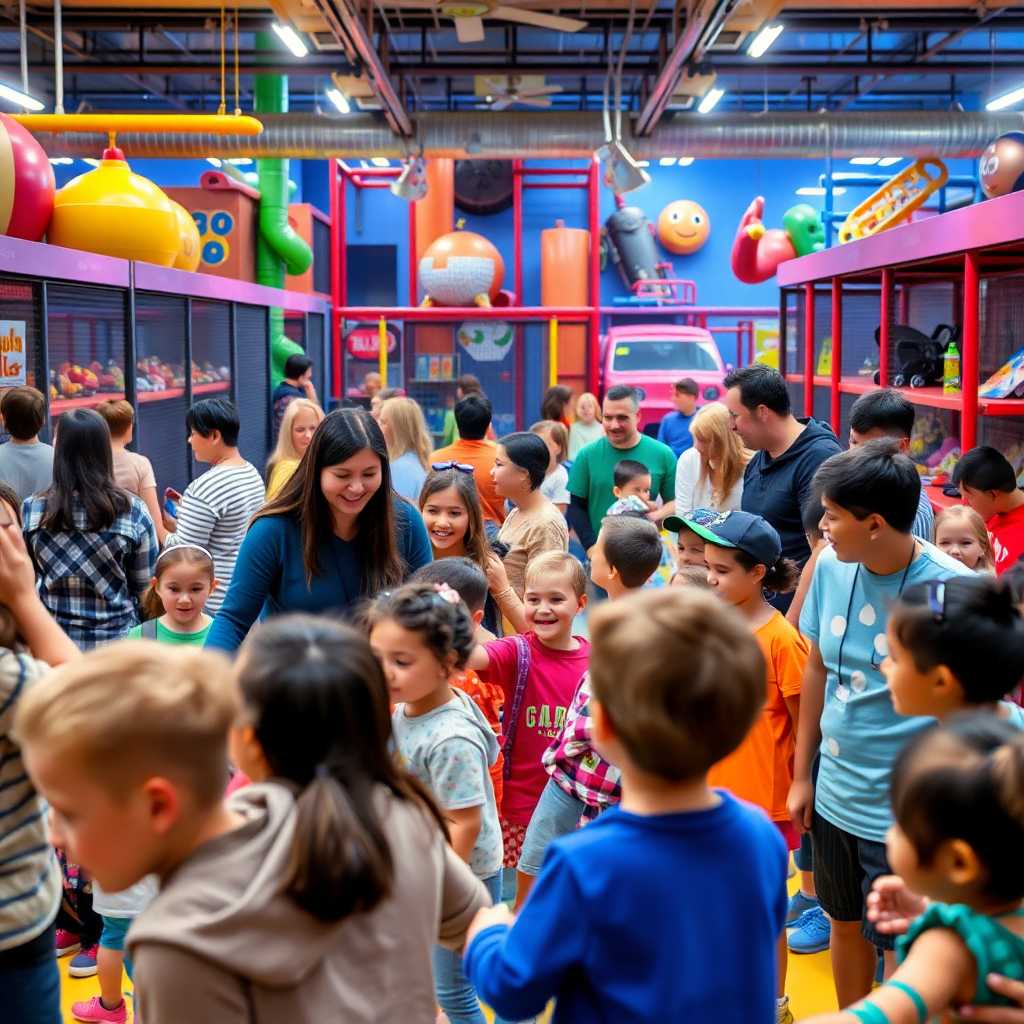 A bustling play center filled with kids and parents happily interacting with staff
