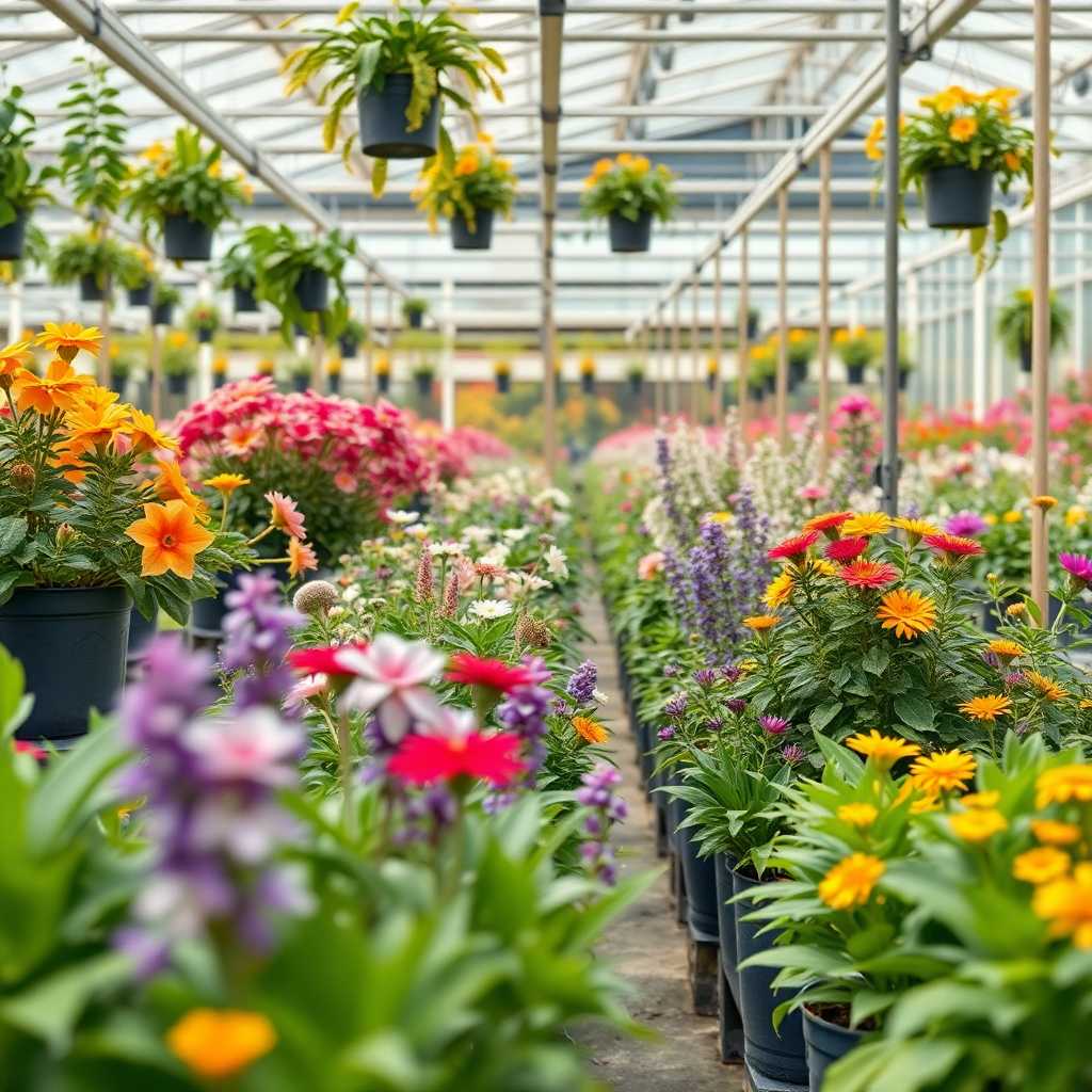 Modern nursery showcasing a variety of plants in bloom