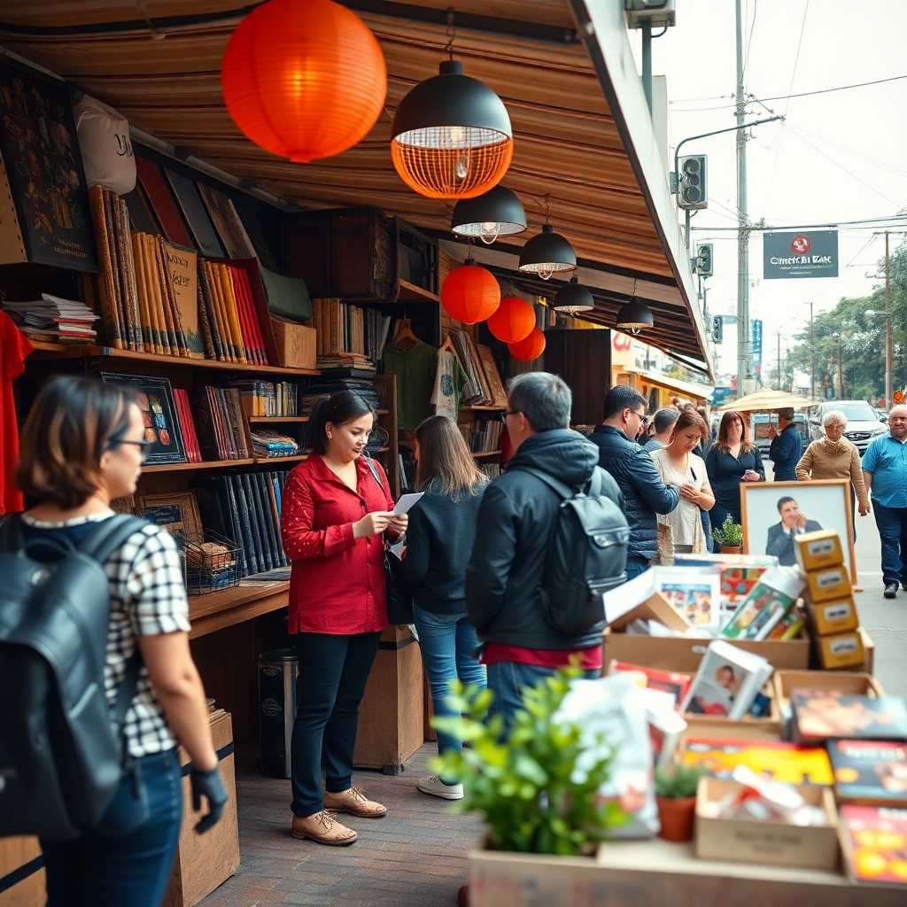 A bustling pop-up shop with a busy owner fielding multiple inquiries.