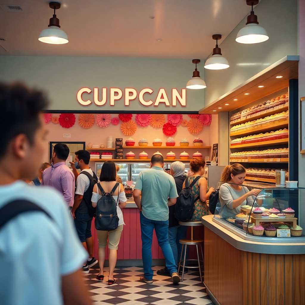 A bustling cupcake shop on a busy weekend
