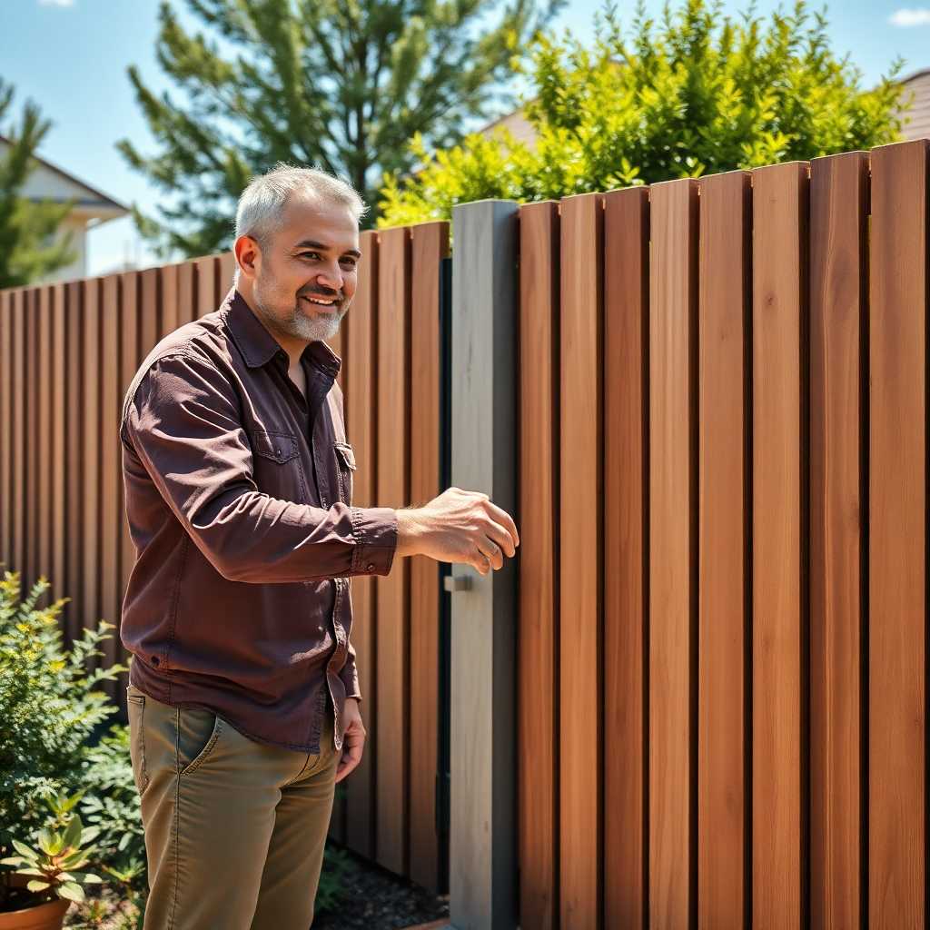 A satisfied customer shaking hands with a business owner outside a beautifully installed fence.