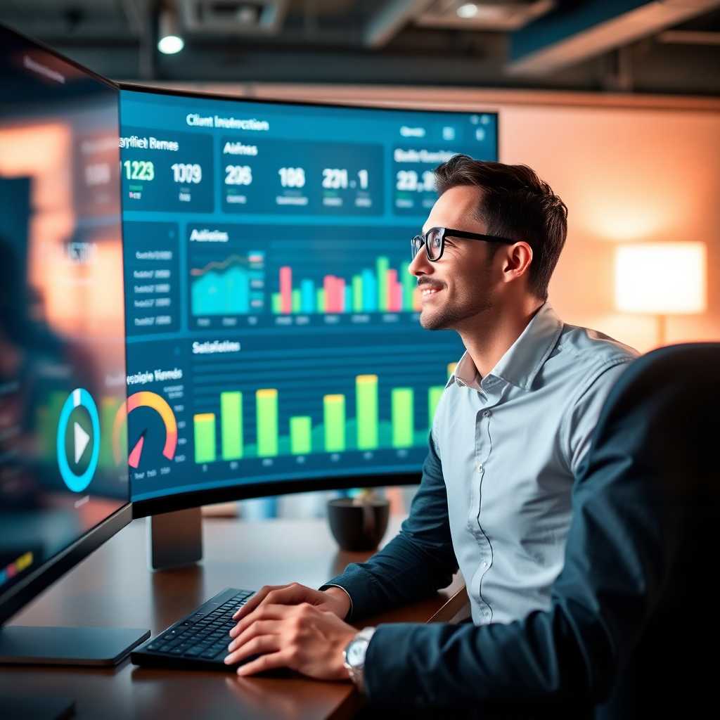 A confident business owner viewing client interaction analytics on a dashboard, showing satisfaction levels.