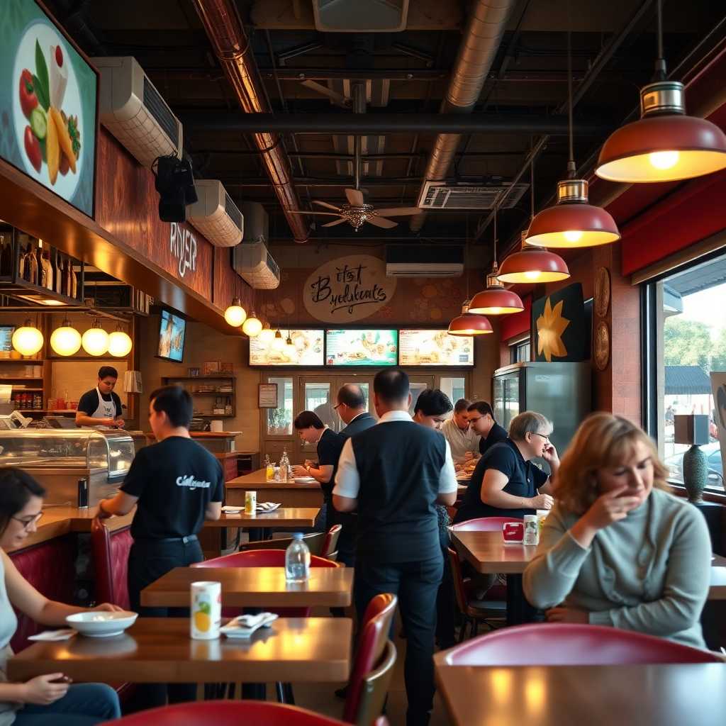 A bustling restaurant with staff attending to customers