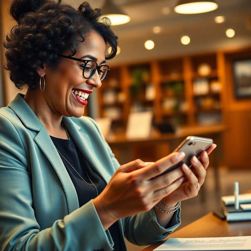 A notary public delightedly checking her appointment schedule on a smartphone.