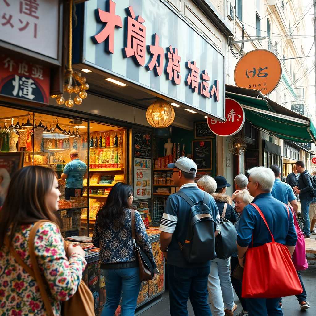 A busy storefront with multiple customers talking to the business owner.