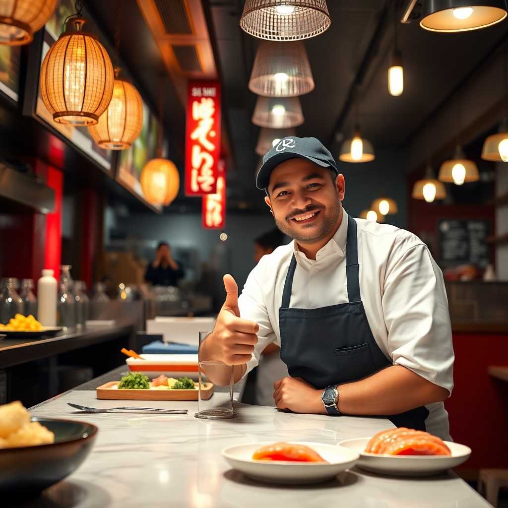 A smiling restaurant owner showing a thumbs up at his sushi counter