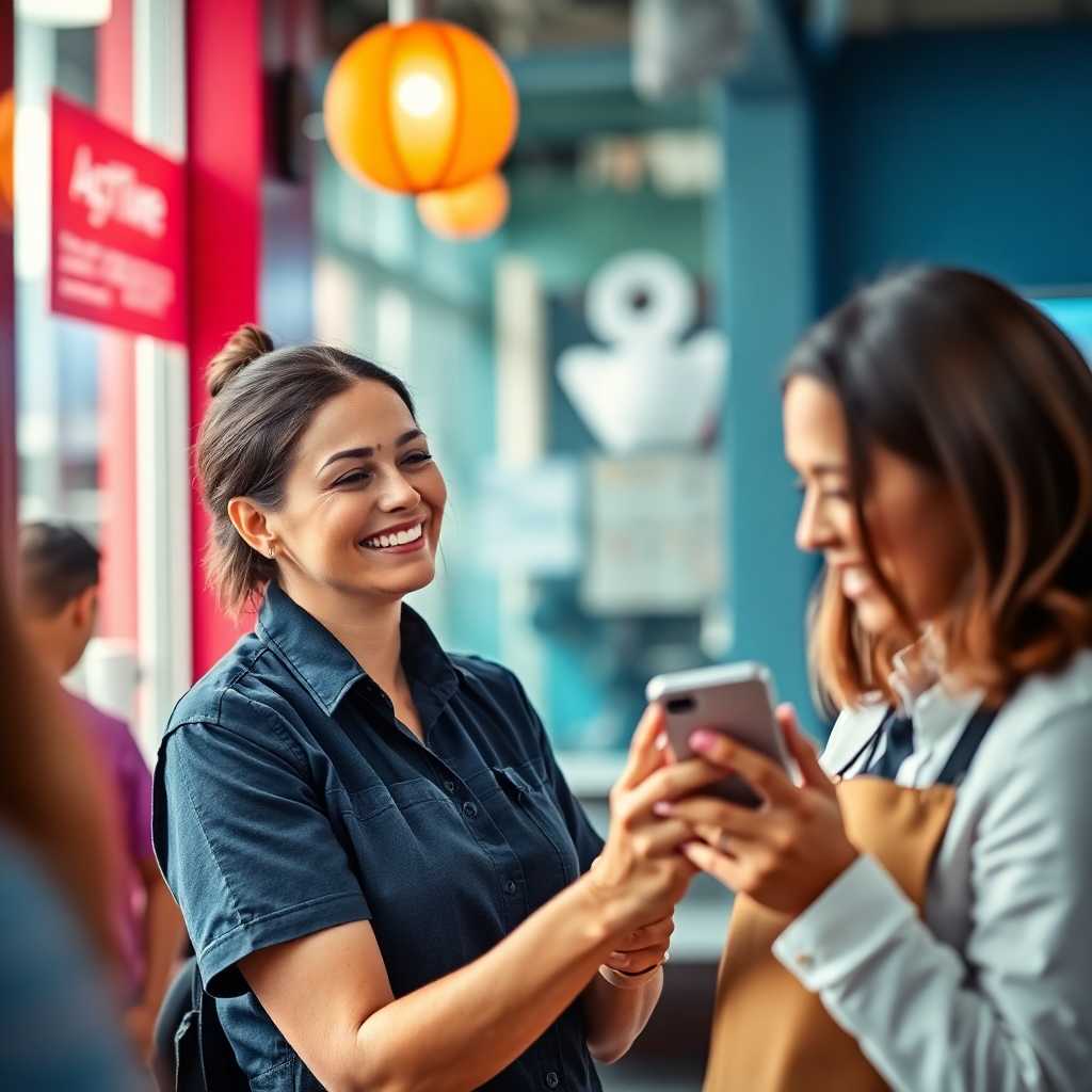 Staff member happily using mobile to manage bookings via SMS.