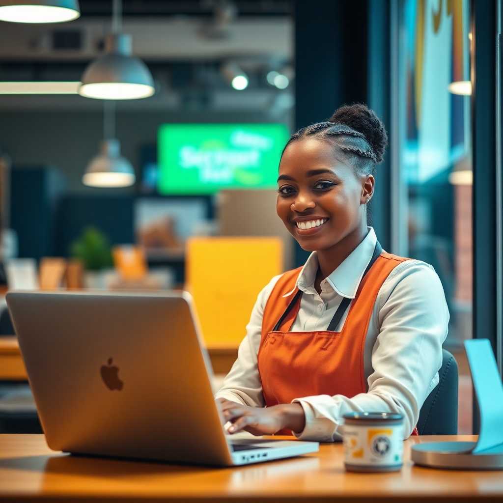 A customer service staff member looking pleased while typing on a laptop