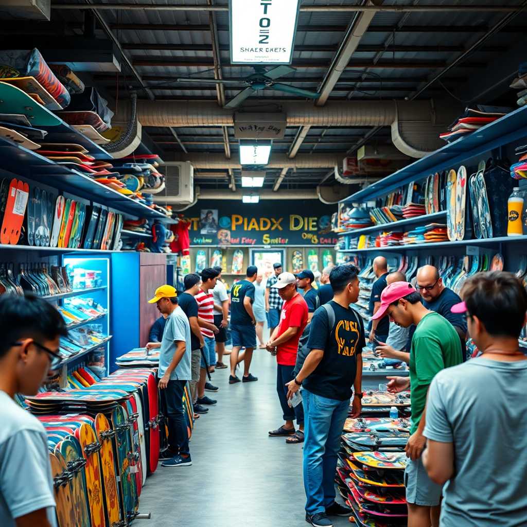 Bustling skateboard shop with customers and staff engaged in various activities.