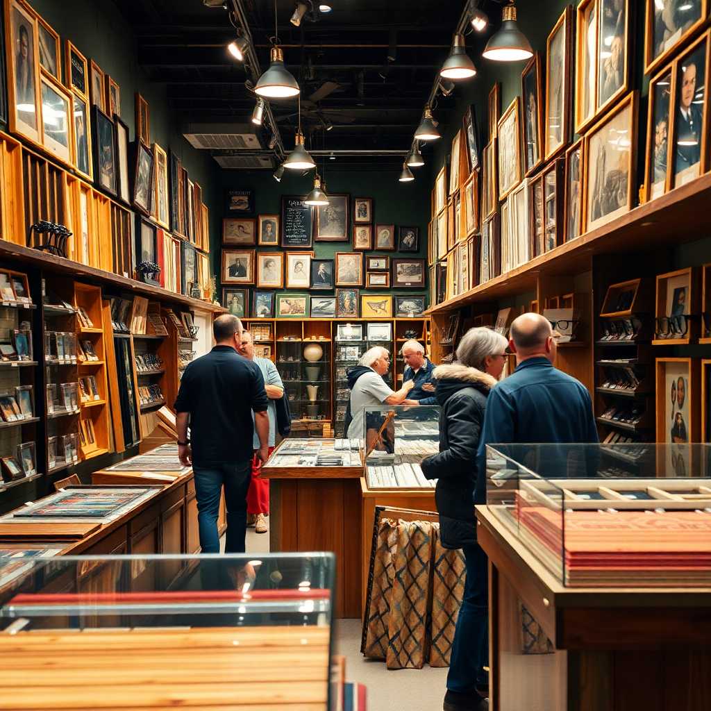 A bustling frame shop with customers browsing actively.