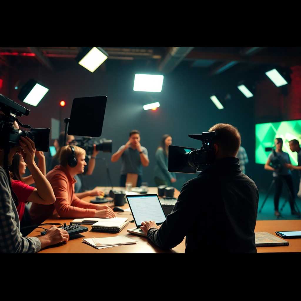A bustling video shoot with a director managing incoming requests.