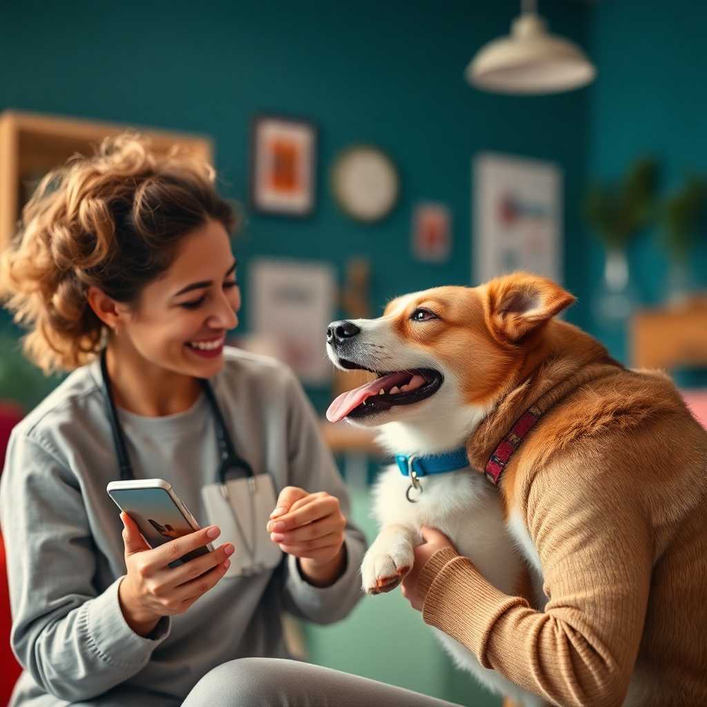 Happy pet owner receiving text updates from the veterinary clinic.