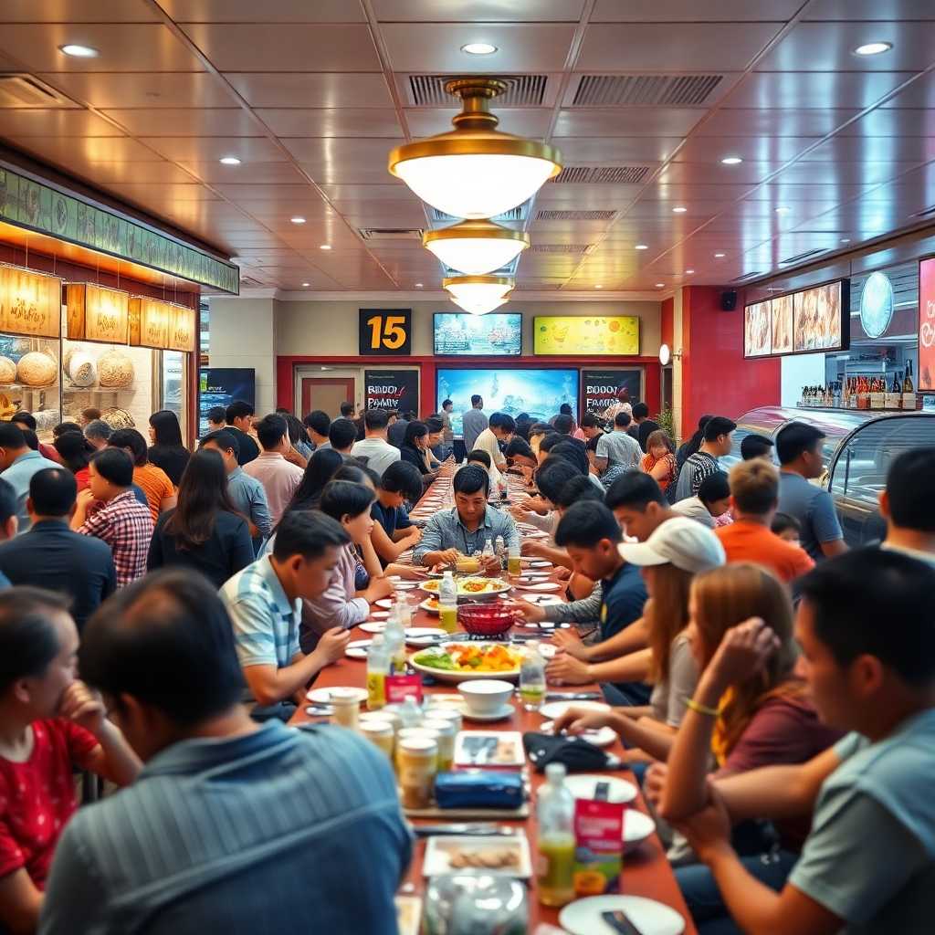 A busy buffet restaurant with a crowded seating area brimming with customers