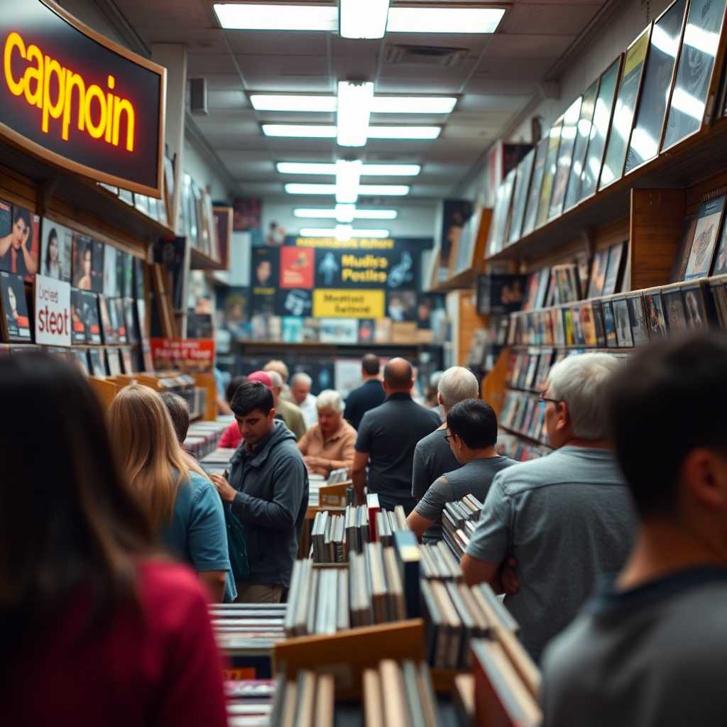 A busy music rental store bustling with activity