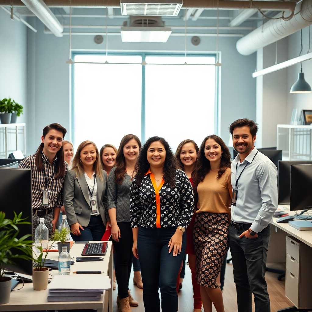 Happy team with well-organized office