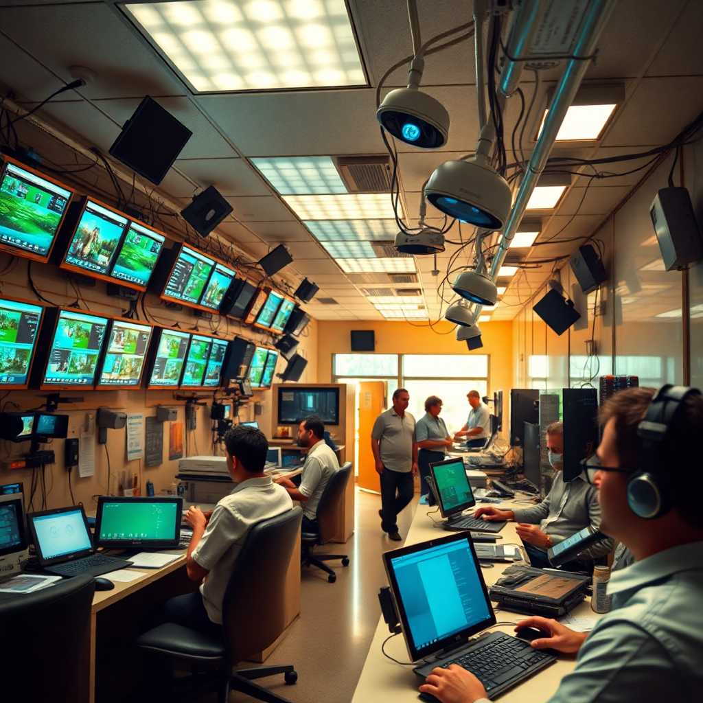 Bustling security office filled with devices ringing