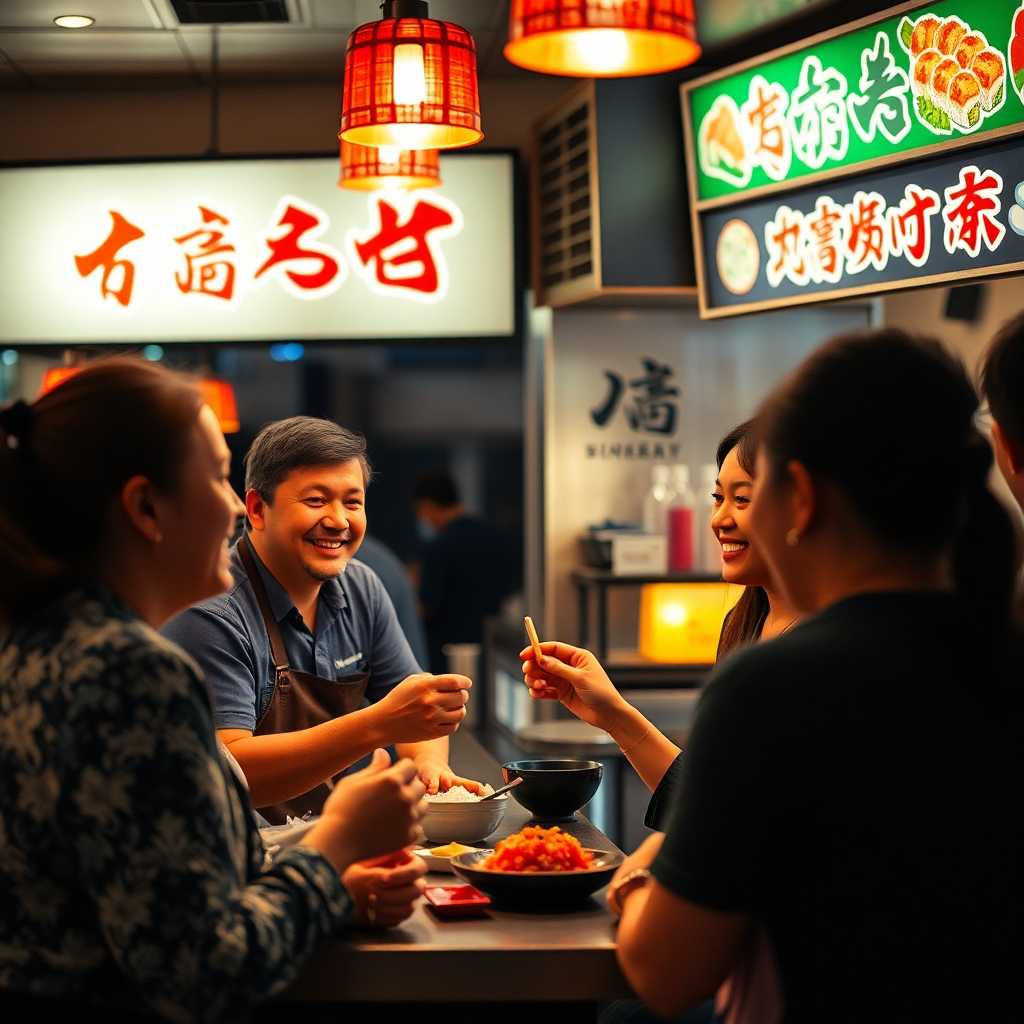 Sushi Bar owner joyfully interacting with satisfied customers.
