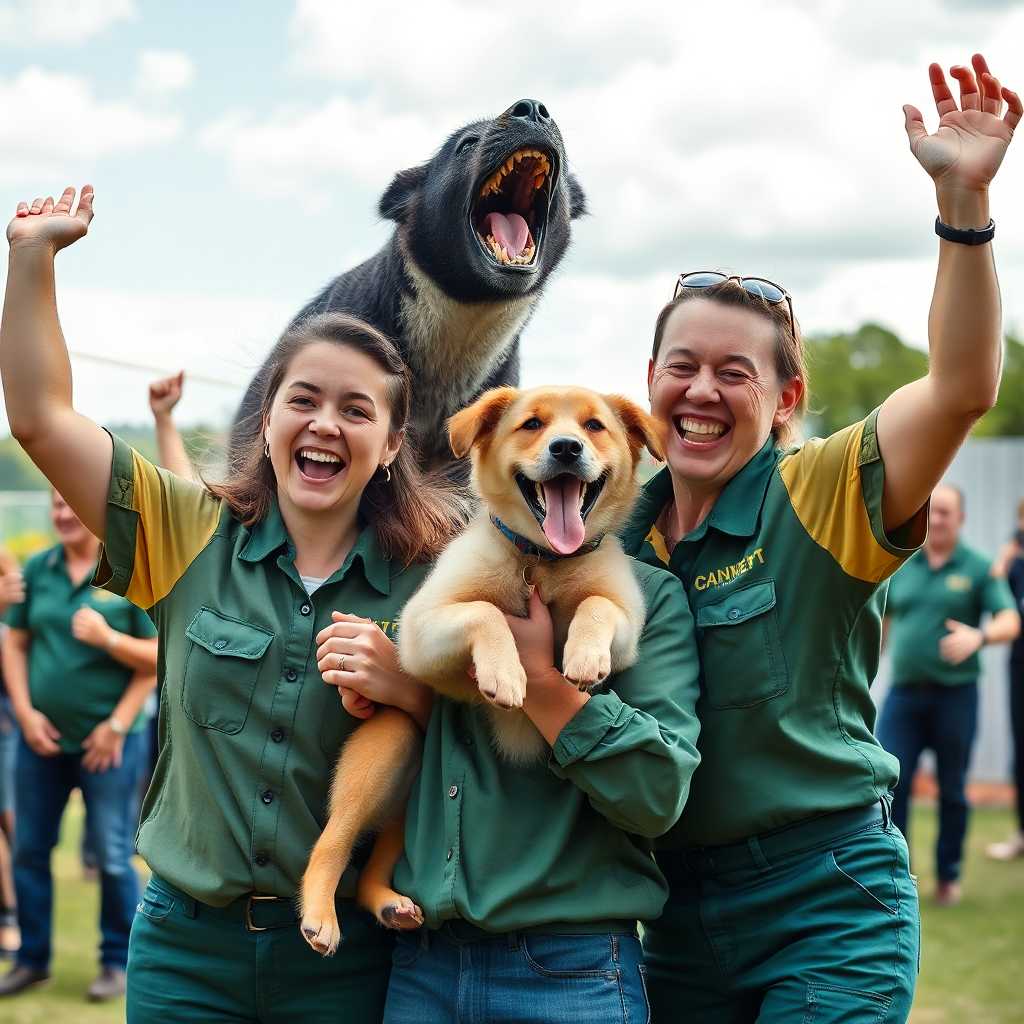 Enthusiastic animal trainers celebrating a successful client day
