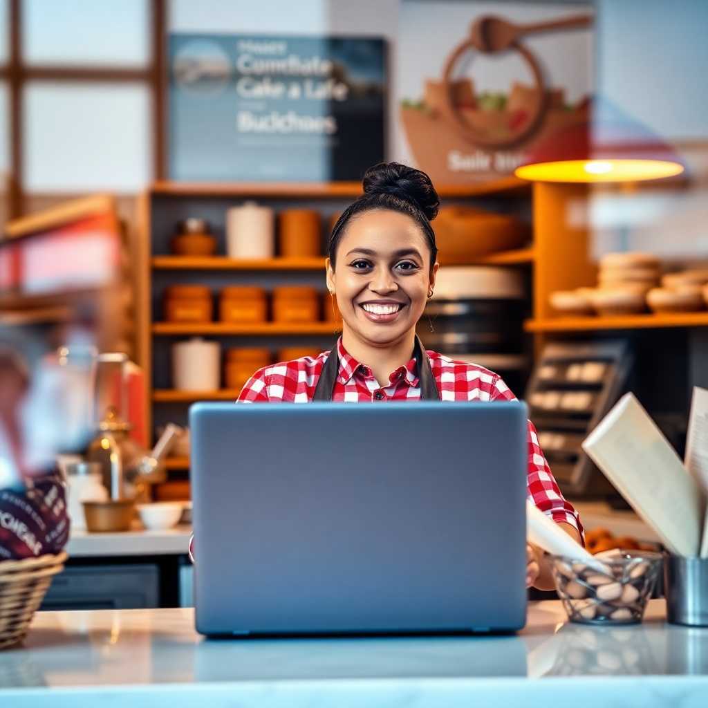 Bakery owner smiling behind the counter with a laptop in the foreground