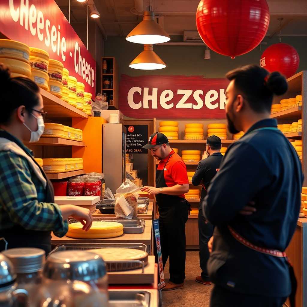 Cheese shop staff preparing for a promotional event