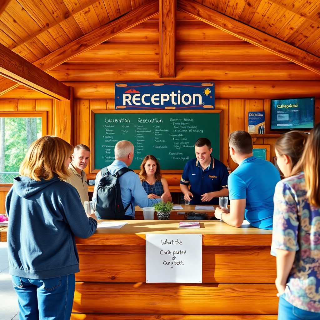 Illustrates a busy reception desk at a campground receiving multiple inquiries
