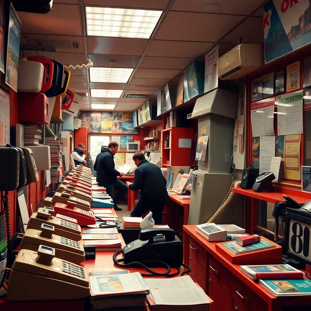 A bustling travel guide office with phones ringing incessantly.