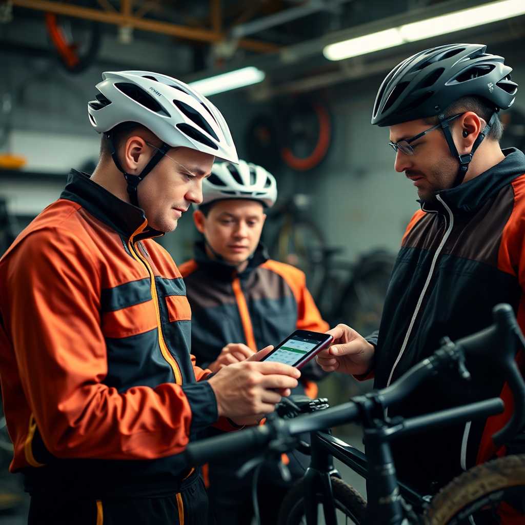 Team of bike mechanics reviewing digital schedule on tablet