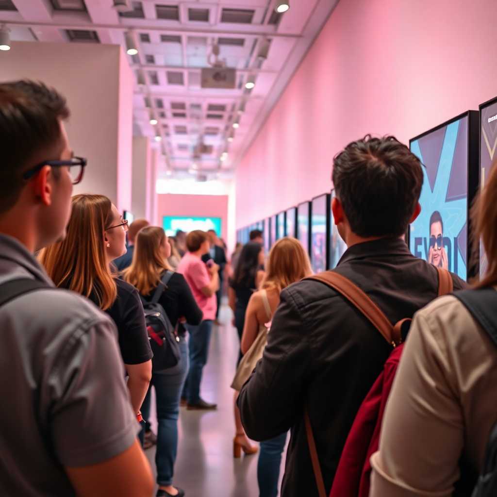 Captivated gallery visitors engaged by vibrant displays.