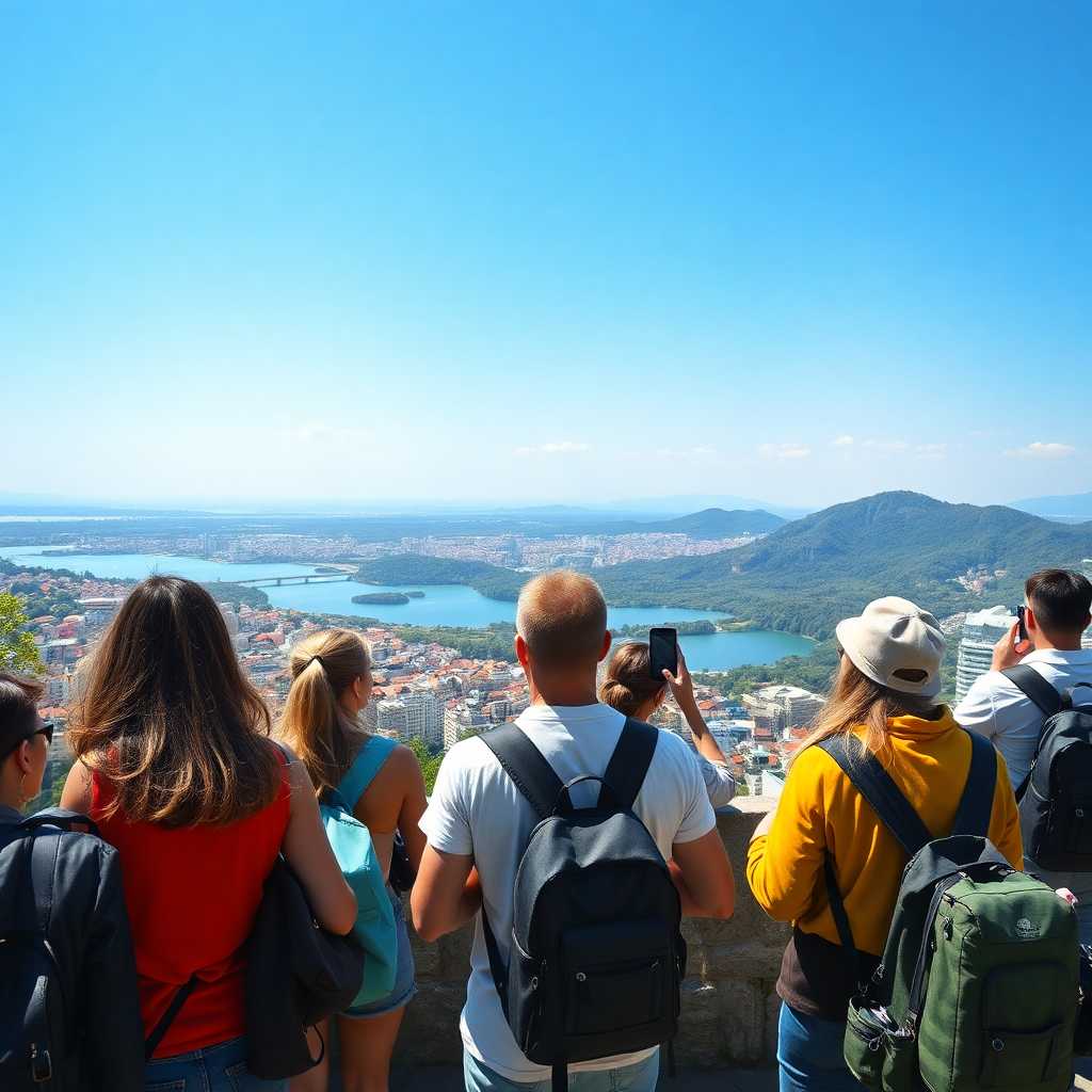Tourists happily texting from scenic spots