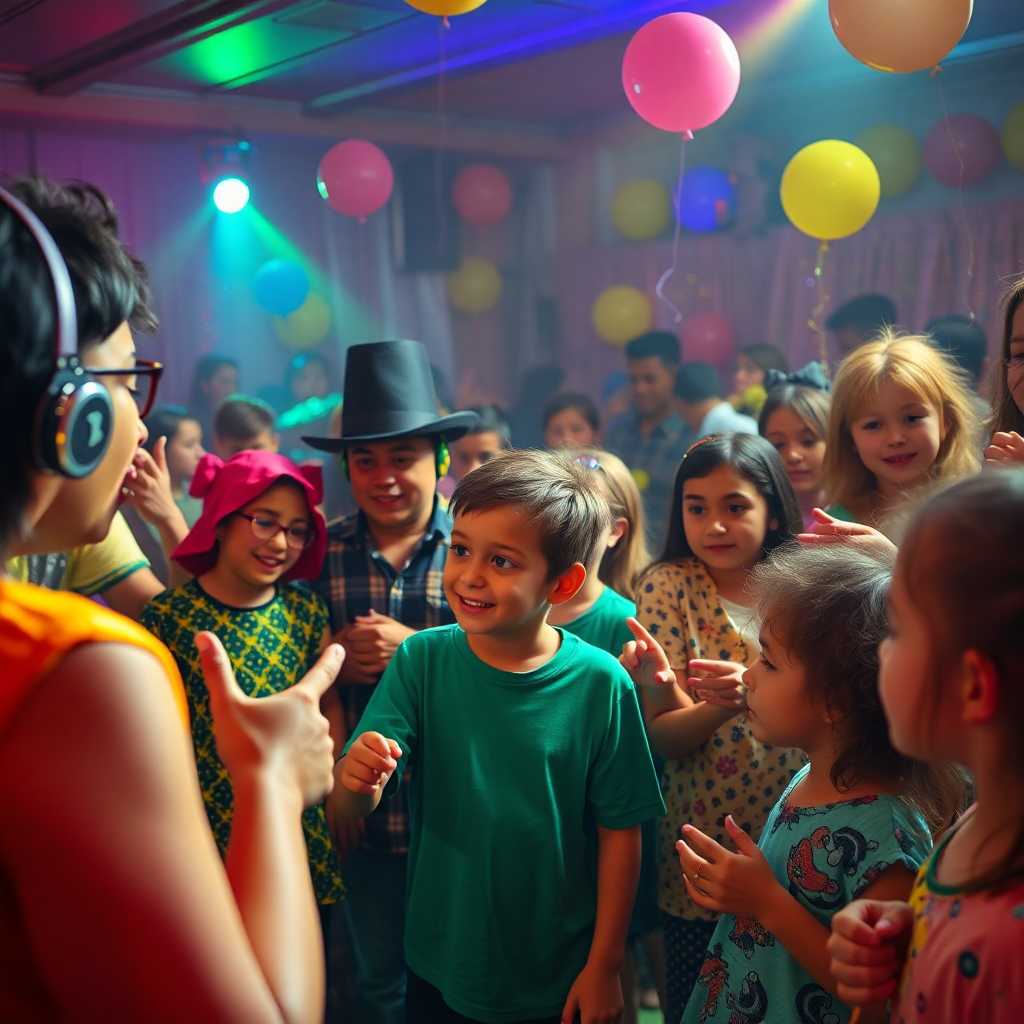 A vibrant party scene with entertainers engaging children