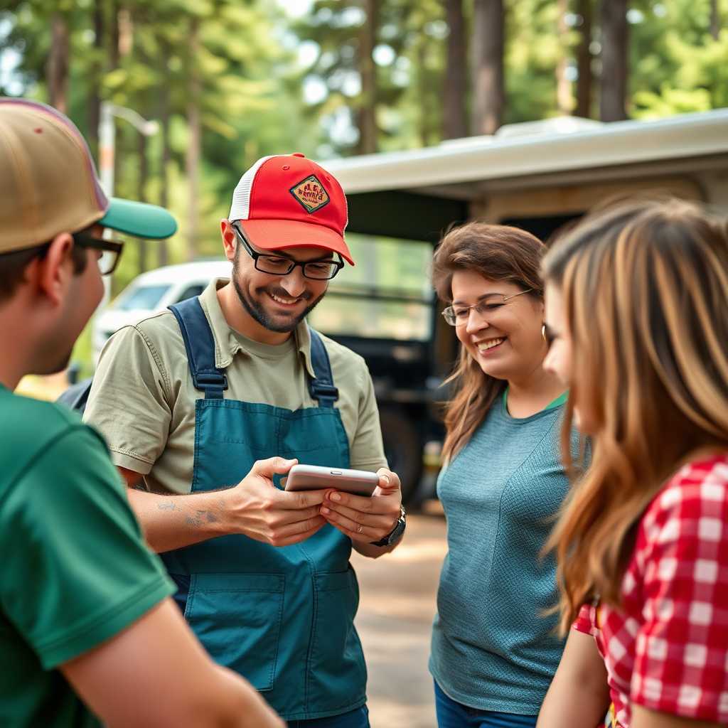 Campground staff comfortably engaging with customers via a mobile device