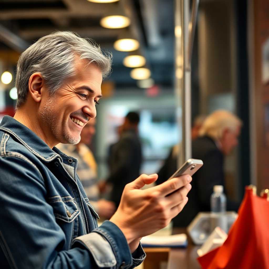 Customer texting on phone with a satisfied expression