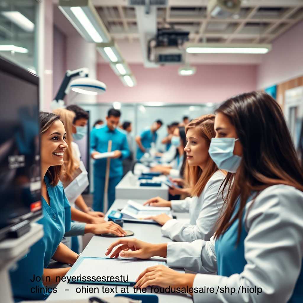A busy clinic with happy clients showing increased efficiency. Caption: Join numerous successful clinics—book a demo at https://textsupportsalespro.com/shop.