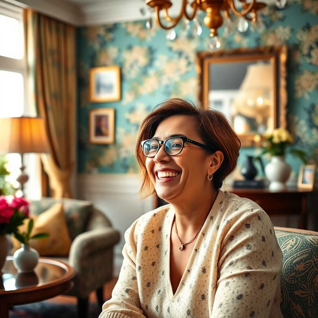 A delighted client in a beautifully decorated room, content with efficient service.
