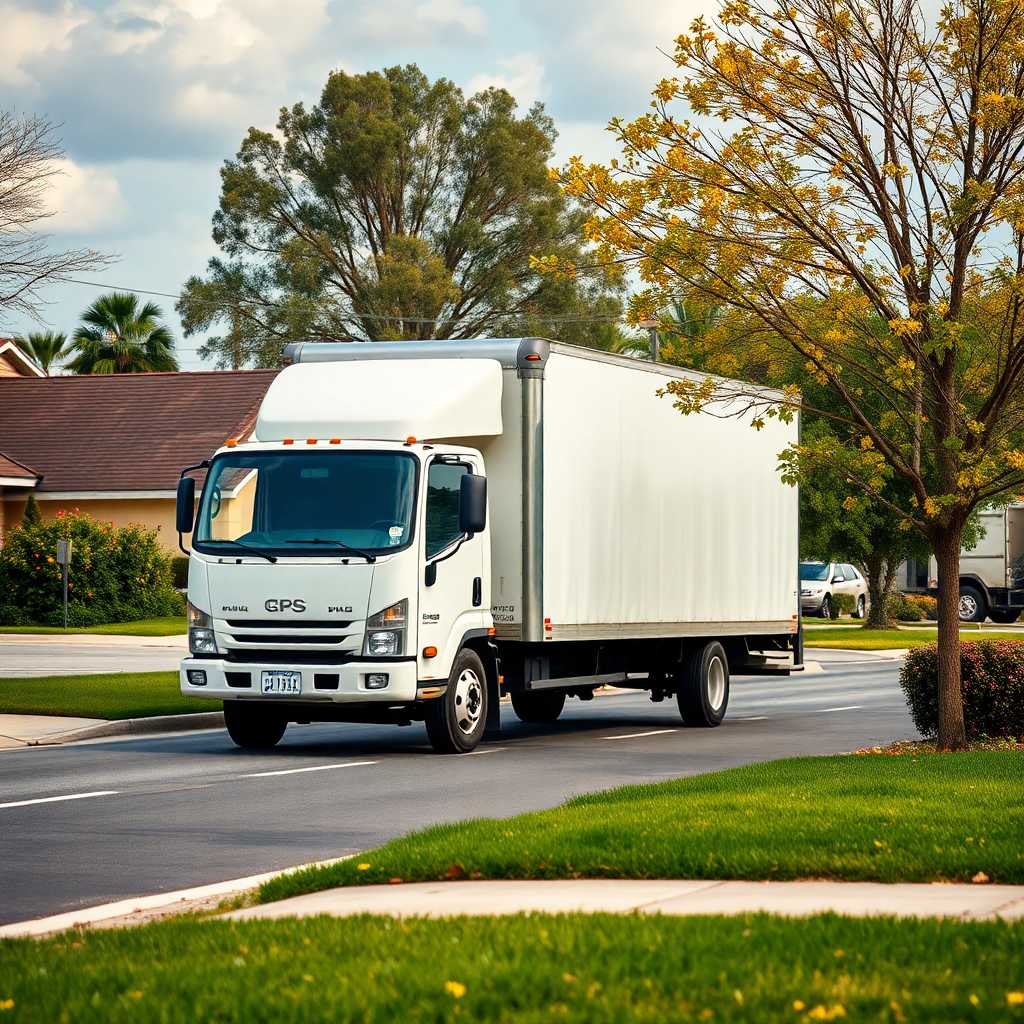 A moving truck amidst a suburban backdrop with a busy coordinator managing calls