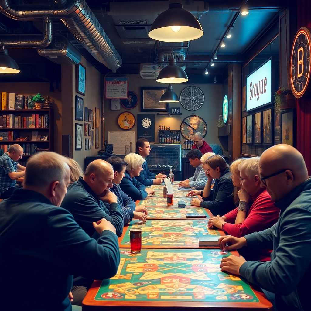 A busy board game café with players deeply engaged while staff attend to queries.