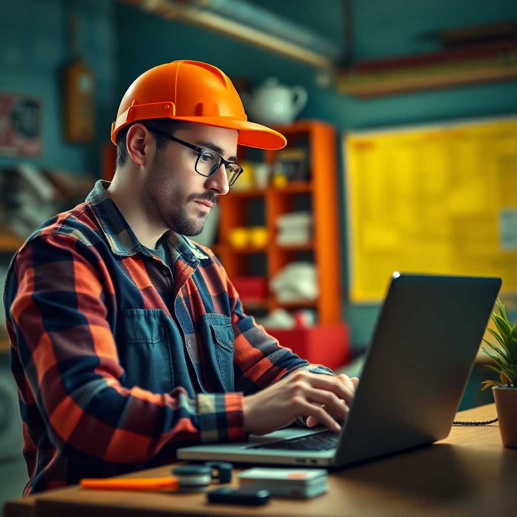 Handyman checking SMS archives on laptop