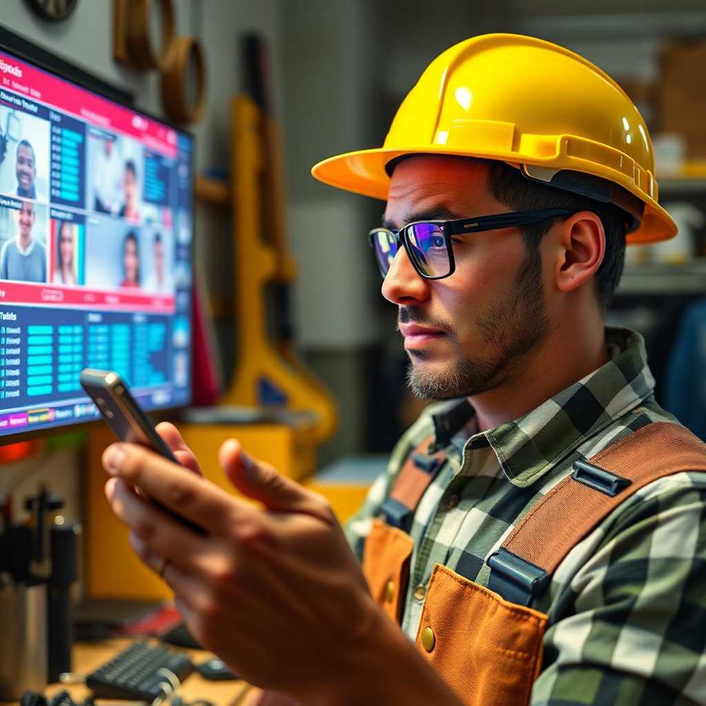Handyman reviewing digital communication history conveniently.