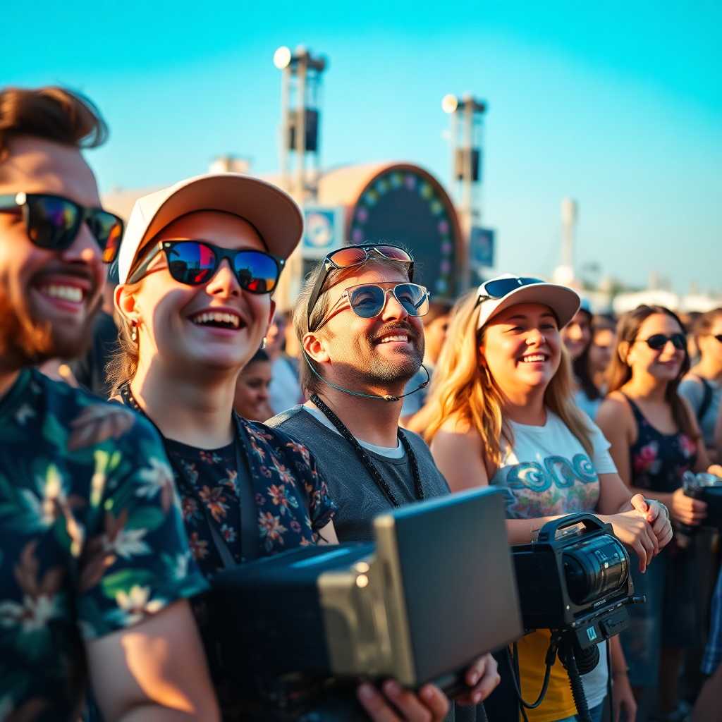 Happy customers at a music festival with rented equipment