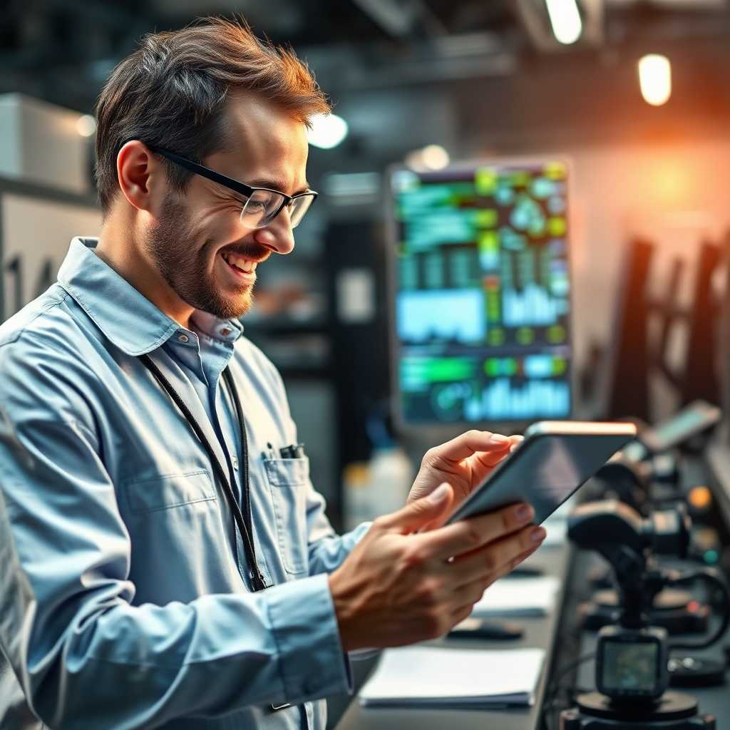 Smiling technician viewing streamlined communications on a tablet