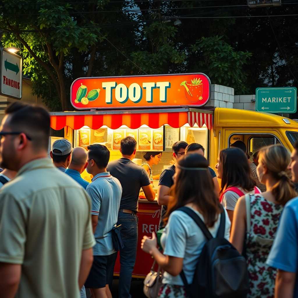 A bustling food truck with customers eagerly waiting.