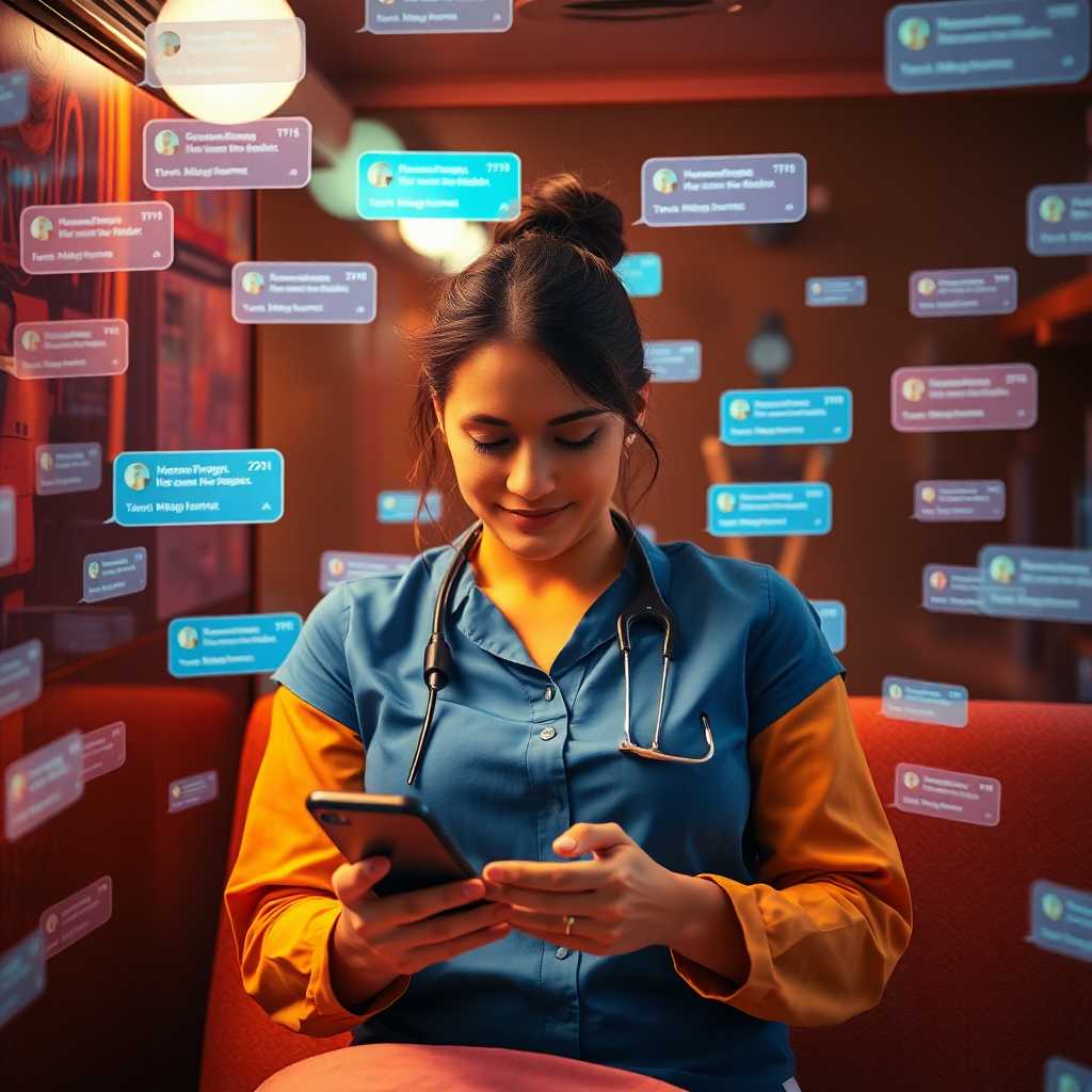 A mobile massage therapist surrounded by incoming message notifications