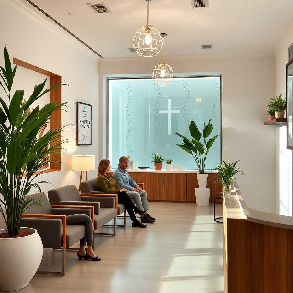 Calm wellness center reception with clients comfortably waiting