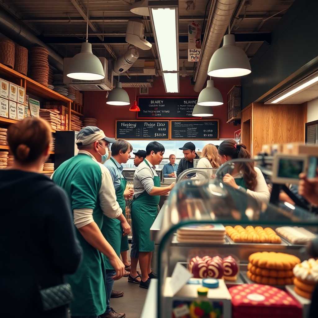 A busy bakery with staff handling multiple customer interactions